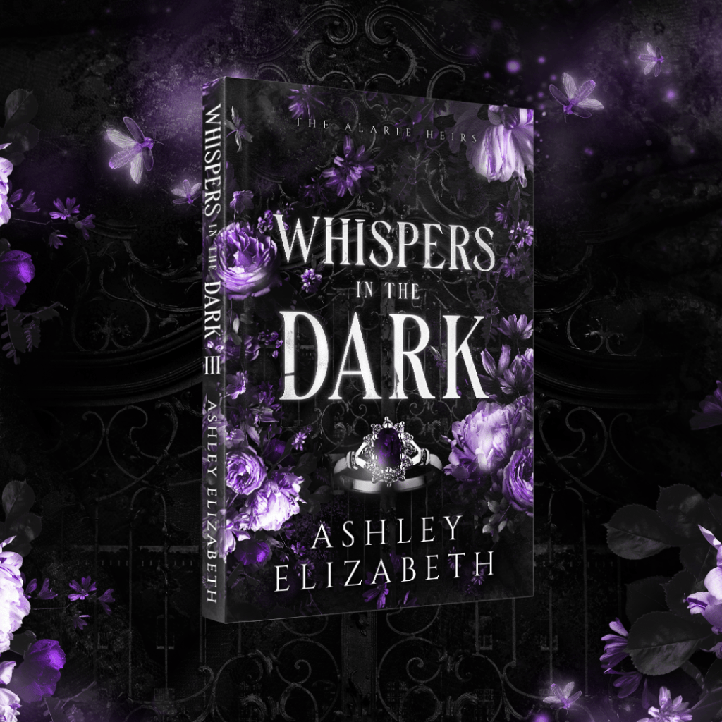 New cover for Whispers in the Dark. Black and purple paperback with engagement ring on front. 5.5 inches by 8.5 inches.